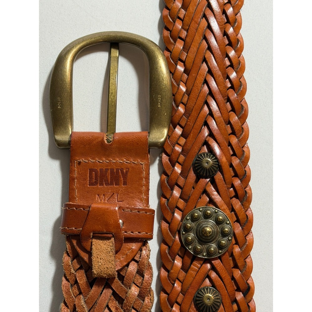 DKNY 90's Leather Braided Woven Belt Brown Brass Concho Studded‎ M/L Western